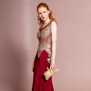 NEW LONG TRUMPET SLEEVELESS DRESS WITH BOAT NECKLINE & SHEER ZIPPER BACK GL1461